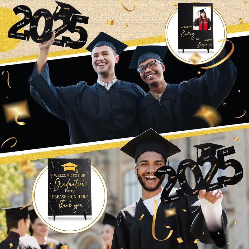 Jerify كتاب ضيوف التخرج الخشبي الأسود والذهبي من جيريف - زينة مركز الطاولة لاحتفالات التخرج دفعة 2025 - زينة حفلات مزدوجة الجوانب لزينة طاولة الحفلات - Image 3