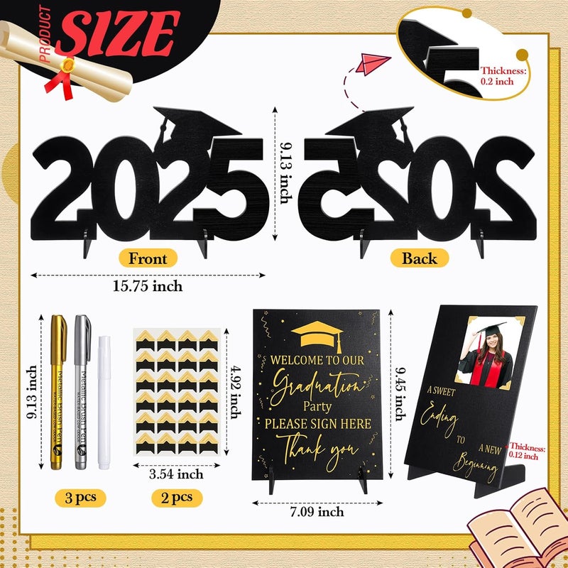 Jerify كتاب ضيوف التخرج الخشبي الأسود والذهبي من جيريف - زينة مركز الطاولة لاحتفالات التخرج دفعة 2025 - زينة حفلات مزدوجة الجوانب لزينة طاولة الحفلات - Image 5