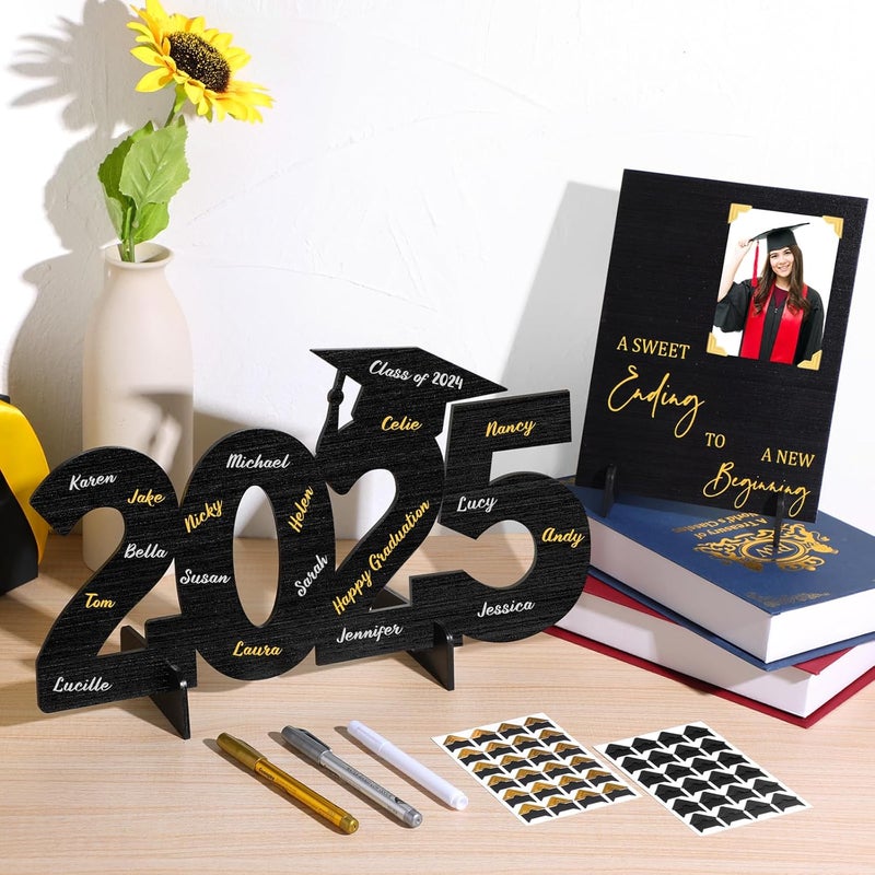 Jerify كتاب ضيوف التخرج الخشبي الأسود والذهبي من جيريف - زينة مركز الطاولة لاحتفالات التخرج دفعة 2025 - زينة حفلات مزدوجة الجوانب لزينة طاولة الحفلات - Image 2