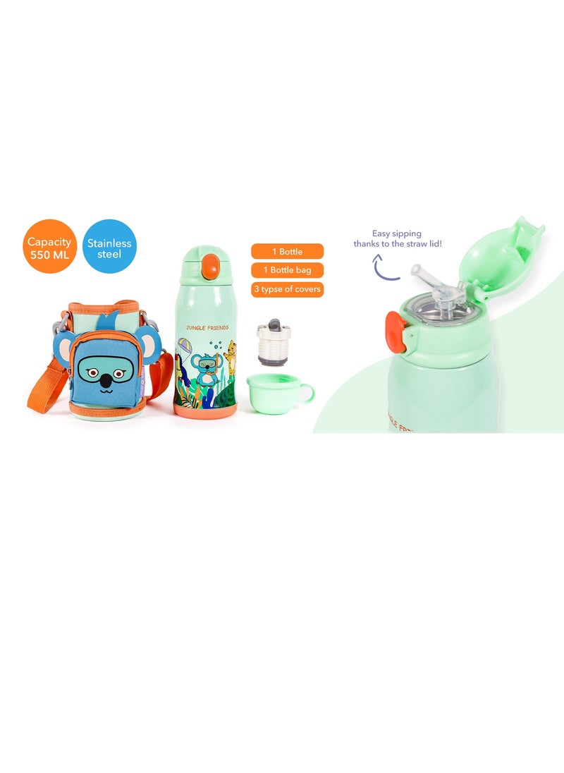 Milk & Moo - Milk&Moo Steel Kids Water Bottle with Bag 550ML Jungle Friends - Image 1