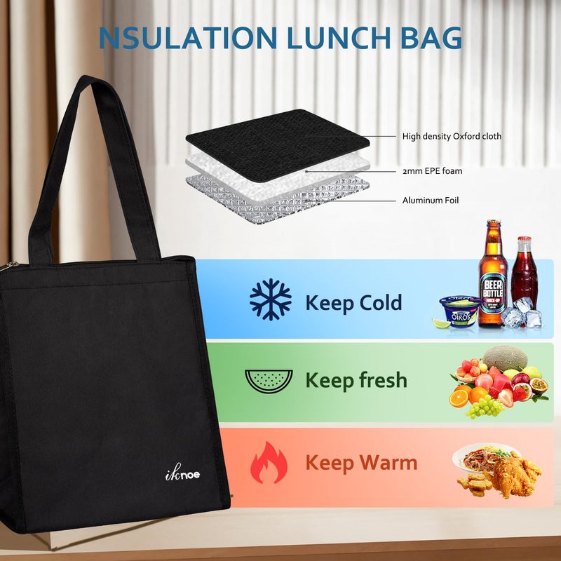 iknoe Insulated Lunch Bag for Women & Adults, 9L Foldable Wide-Open Cooler Bag with Pockets, Leakproof & Portable, for Picnic, Office, Beach(Plain Black) - Image 3
