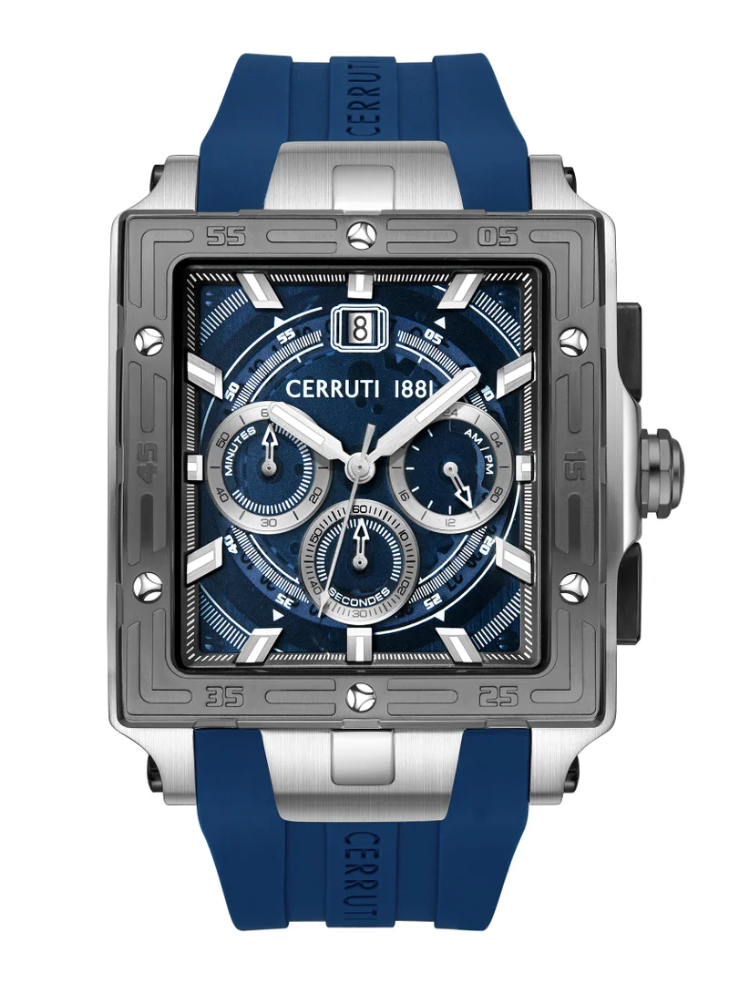 شيروتي 1881 Odissea Chronograph Watch for Men - Square Case, Blue Smoke Dial with Date Disc, Blue Silicone Strap