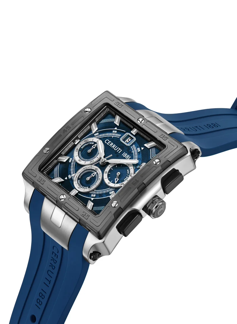 شيروتي 1881 Odissea Chronograph Watch for Men - Square Case, Blue Smoke Dial with Date Disc, Blue Silicone Strap