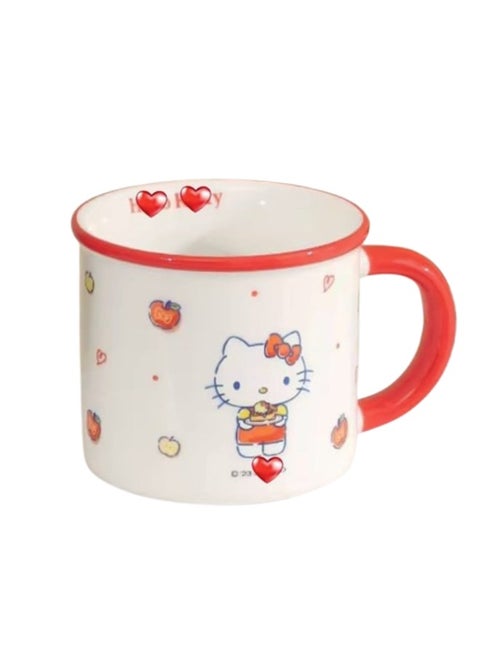 Hello Kitty Ceramic Coffee Mug, White with Red Trim, Apple Pattern Design