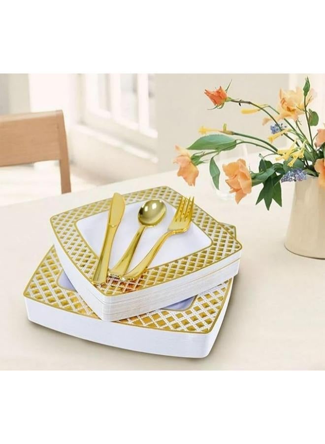 Eoptify Disposable Tableware set  25 Guest Fancy Disposable Party plates Set, disposable Dinner Set Kitchen Set (White & Gold) 200 pcs  - Image 3