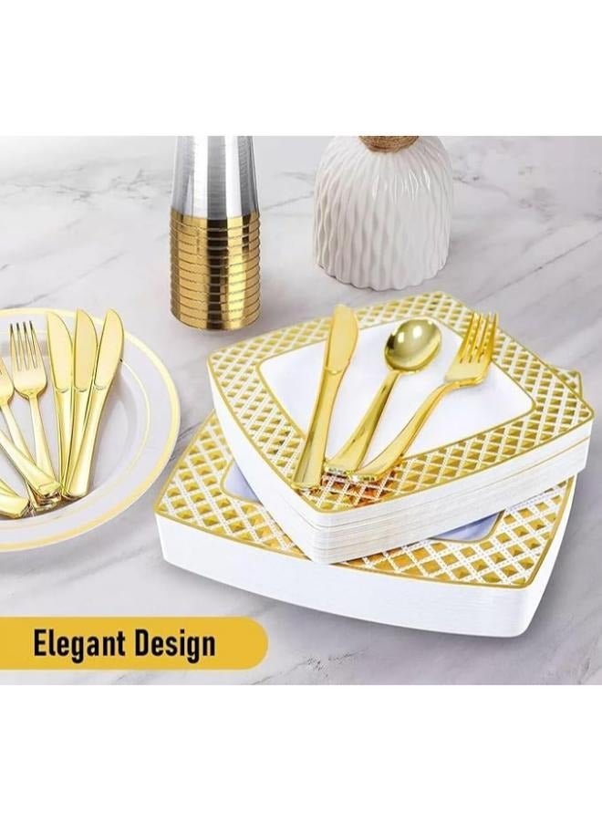 Eoptify Disposable Tableware set  25 Guest Fancy Disposable Party plates Set, disposable Dinner Set Kitchen Set (White & Gold) 200 pcs  - Image 4