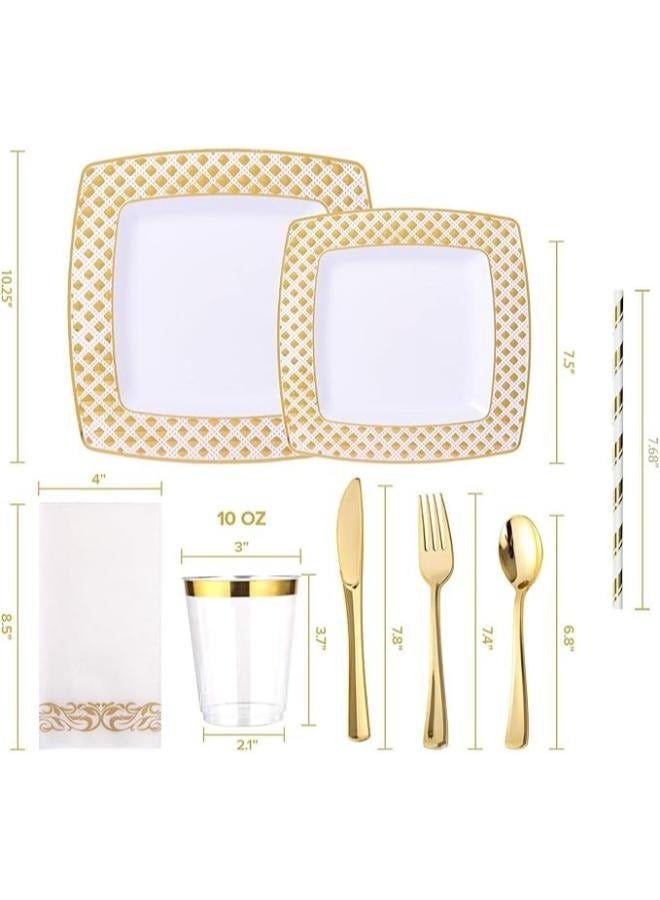 Eoptify Disposable Tableware set  25 Guest Fancy Disposable Party plates Set, disposable Dinner Set Kitchen Set (White & Gold) 200 pcs  - Image 5