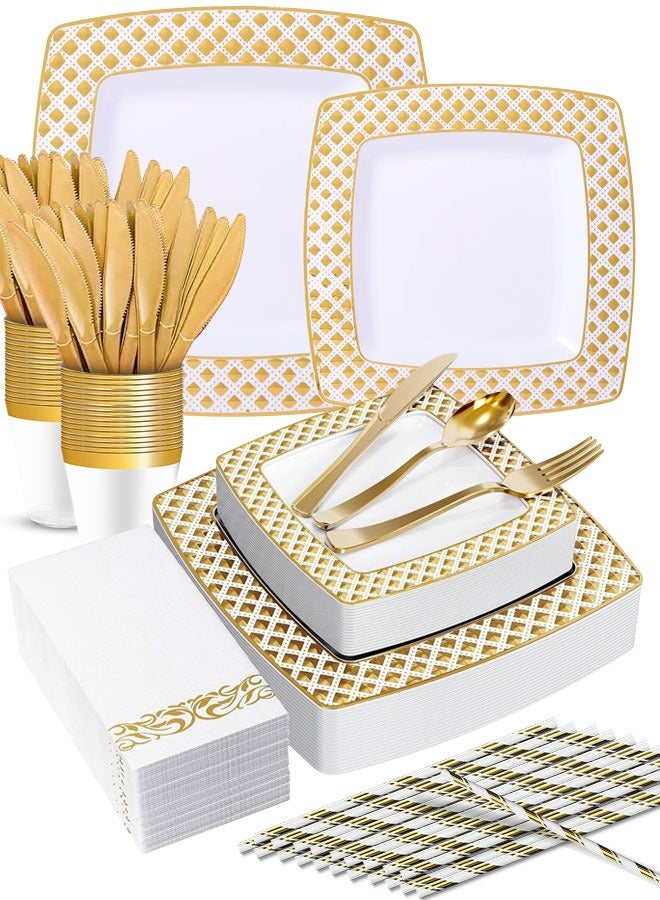 Eoptify Disposable Tableware set  25 Guest Fancy Disposable Party plates Set, disposable Dinner Set Kitchen Set (White & Gold) 200 pcs  - Image 1