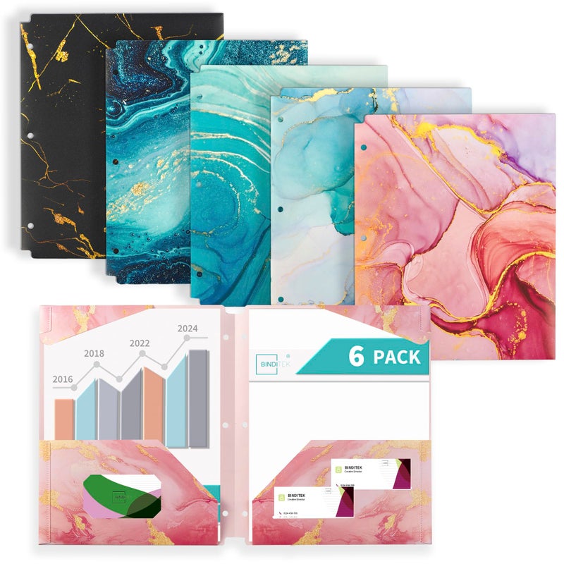 Binditek 6 Pack Heavyduty Plastic Folders with Pockets, Waterproof 2-Pocket File Folders with Card Slots, 6 Decorative Marble Color Designs, 3-Hole Punched for Letter Size - Image 1
