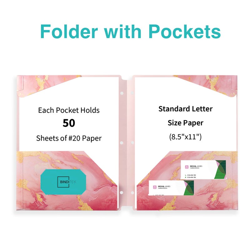 Binditek 6 Pack Heavyduty Plastic Folders with Pockets, Waterproof 2-Pocket File Folders with Card Slots, 6 Decorative Marble Color Designs, 3-Hole Punched for Letter Size - Image 4