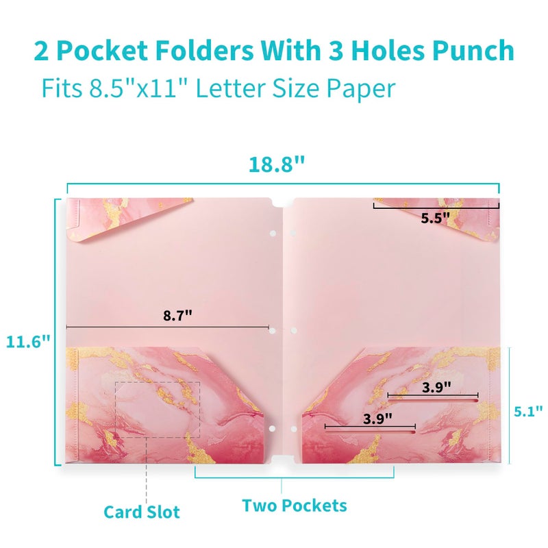 Binditek 6 Pack Heavyduty Plastic Folders with Pockets, Waterproof 2-Pocket File Folders with Card Slots, 6 Decorative Marble Color Designs, 3-Hole Punched for Letter Size - Image 2