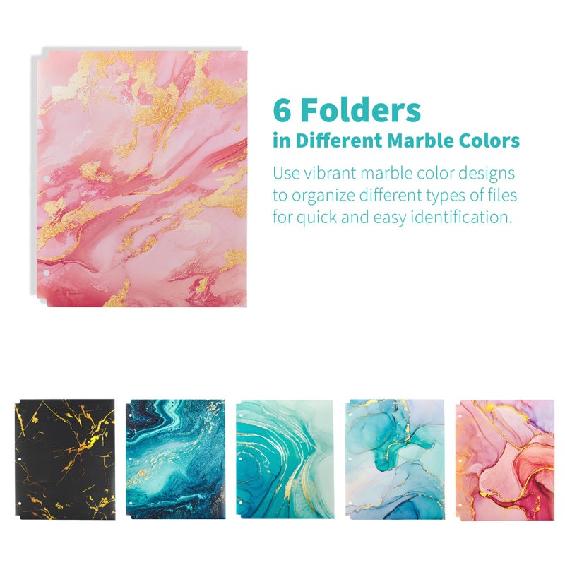 Binditek 6 Pack Heavyduty Plastic Folders with Pockets, Waterproof 2-Pocket File Folders with Card Slots, 6 Decorative Marble Color Designs, 3-Hole Punched for Letter Size - Image 3