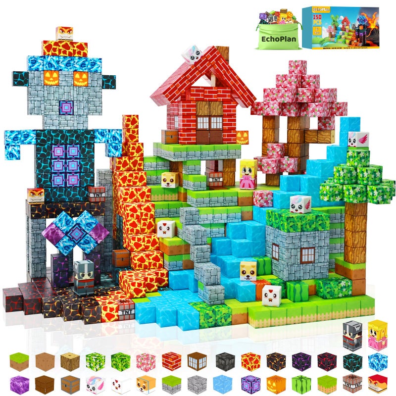 EchoPlan 150PCS Magnetic Blocks Magnetic Building Blocks STEM Constructions Magnet Blocks for Boys Girls Age 3 4 5 6 7 8 9 10 Sensory Stacking Toy Christmas Birthday Gifts for Kids 1 Large Size - Image 2