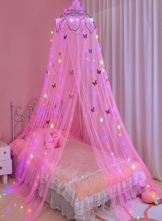 FIOBEE Bed Canopy for Girls Room Bed Canopy Curtains with Led Lights Mosquito Net DIY Princess Room Décor with Stars Butterflies for Kids Bedroom, Hot Pink - Image 1