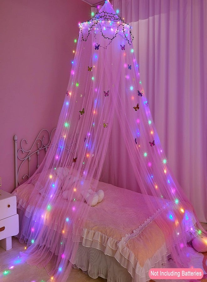 FIOBEE Bed Canopy for Girls Room Bed Canopy Curtains with Led Lights Mosquito Net DIY Princess Room Décor with Stars Butterflies for Kids Bedroom, Hot Pink - Image 2