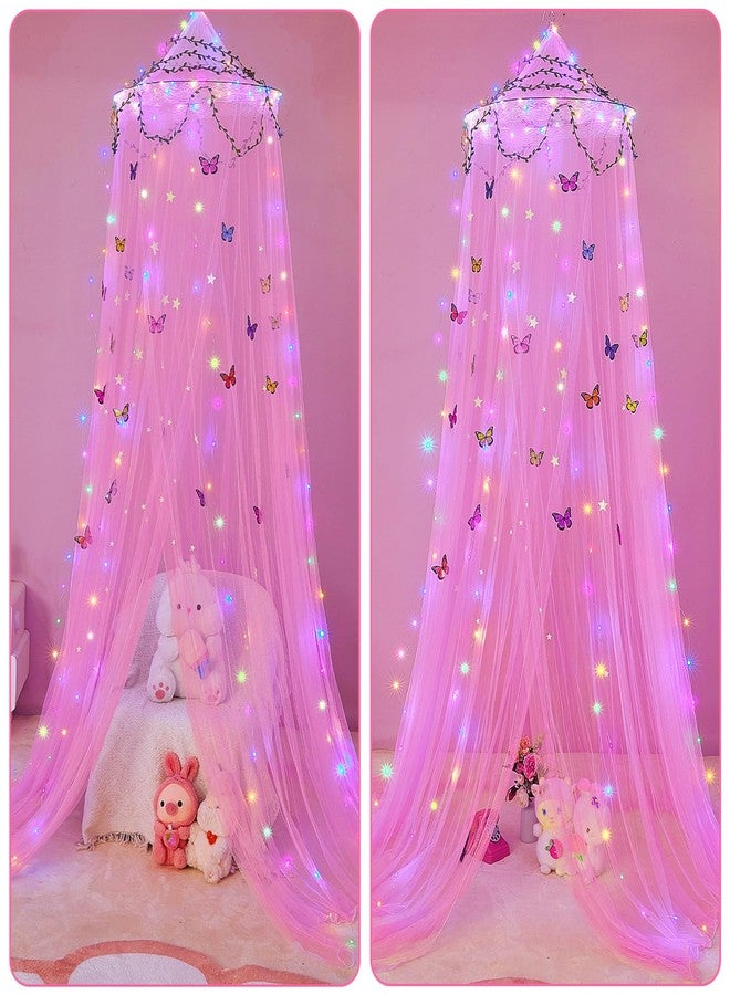 FIOBEE Bed Canopy for Girls Room Bed Canopy Curtains with Led Lights Mosquito Net DIY Princess Room Décor with Stars Butterflies for Kids Bedroom, Hot Pink - Image 5