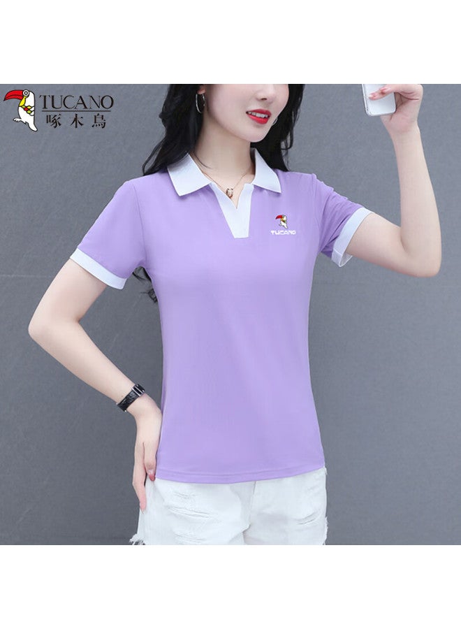 Zhuomuniao Ice Silk Regular Shoulder Lapel Short Sleeve T-shirt Women's Polo Shirt Summer Slimming Elegant Mother's Wear Top, Black, 3XL