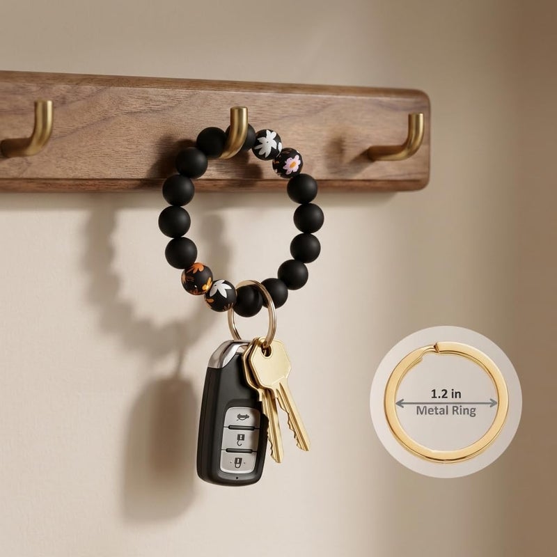 BIHRTC Silicone Beaded Wristlet Bracelet Keychain Tassel Key Ring Bracelet Beads Keyring Wristlet House Car Keys Ring Holder Key Chain Bangle Chains for Women Girls Elastic Keyring - Image 3