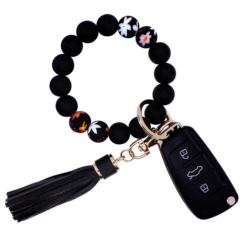 BIHRTC Silicone Beaded Wristlet Bracelet Keychain Tassel Key Ring Bracelet Beads Keyring Wristlet House Car Keys Ring Holder Key Chain Bangle Chains for Women Girls Elastic Keyring - Image 1