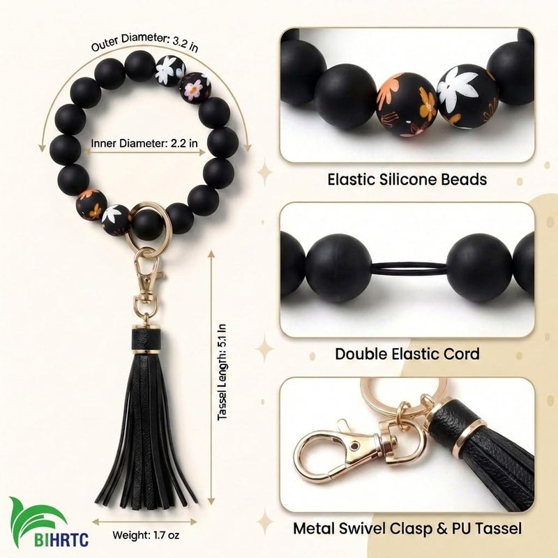 BIHRTC Silicone Beaded Wristlet Bracelet Keychain Tassel Key Ring Bracelet Beads Keyring Wristlet House Car Keys Ring Holder Key Chain Bangle Chains for Women Girls Elastic Keyring - Image 2