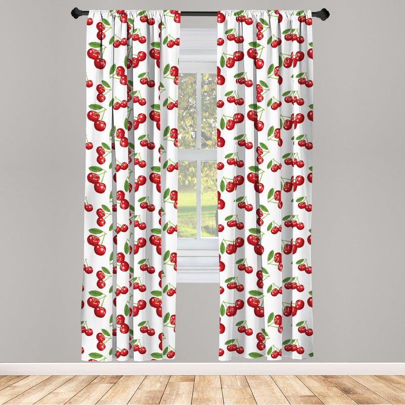 Ambesonne Fruit Window Curtains  Cherry Design Fresh Berry Fruit Summer Green Garden Macro Digital Print  Lightweight Decor 2-Panel Set with Rod Pocket  Pair of - 28"" x 95""  Red Green White - Image 2