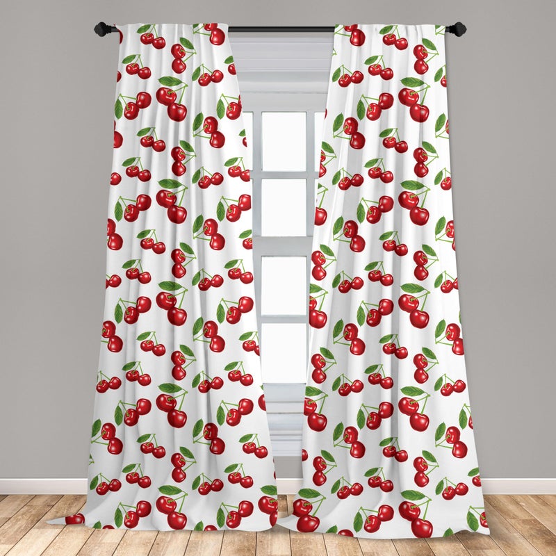 Ambesonne Fruit Window Curtains  Cherry Design Fresh Berry Fruit Summer Green Garden Macro Digital Print  Lightweight Decor 2-Panel Set with Rod Pocket  Pair of - 28"" x 95""  Red Green White - Image 3