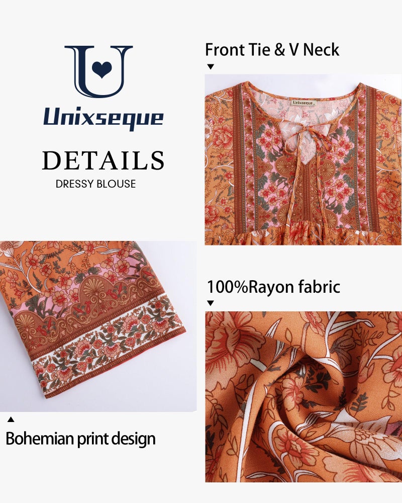 Unixseque Fall Tops for Women: Floral Blouses for Women - Casual Shirts for Women - Boho Print Trendy Casual V Neck Bohemian Blouse Holiday Vacation Flowy Tops - Image 4