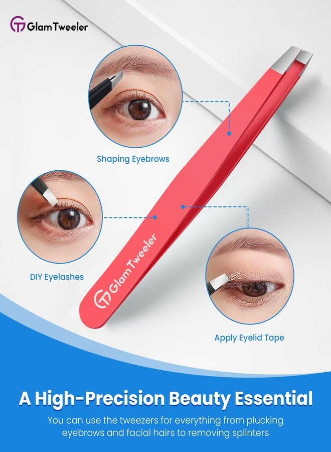 GlamTweeler ملقط إزالة شعر الحواجب من GlamTweeler Expert مع حافظة جلدية، ملقط عالي الدقة برأس مائل من الفولاذ المقاوم للصدأ للرجال والنساء (لون وردي فاقع) - Image 5