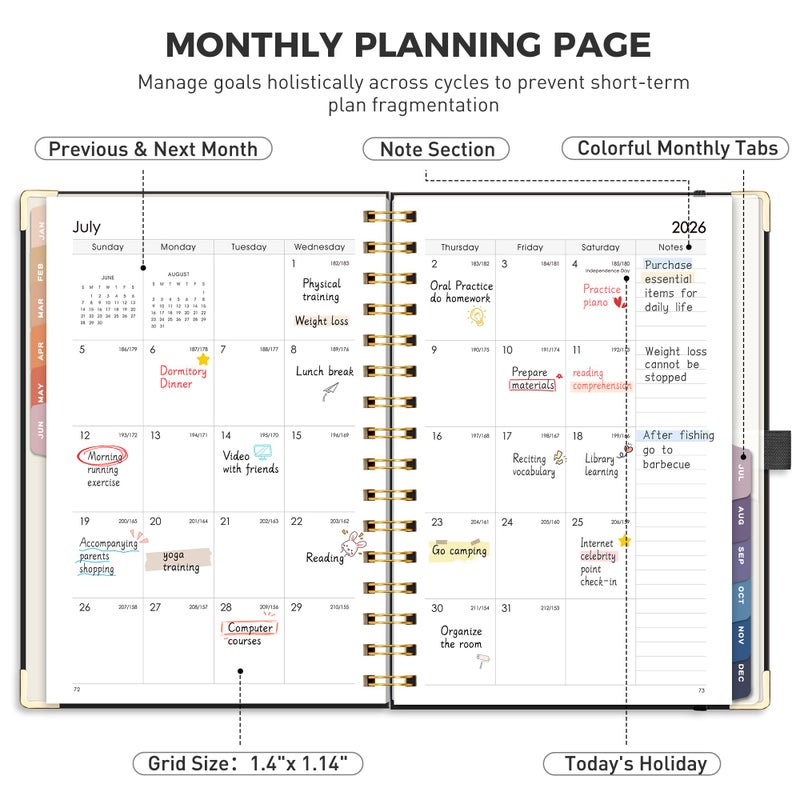 RETTACY 2026 Planner, Weekly and Monthly, Medium Size (5.7" x 8.3"), Jan - Dec 2026, Agenda, Calendar, 12 Month Tabs, Hardcover, 100 GSM Thick Paper, Spiral-bound (Black) - Image 3