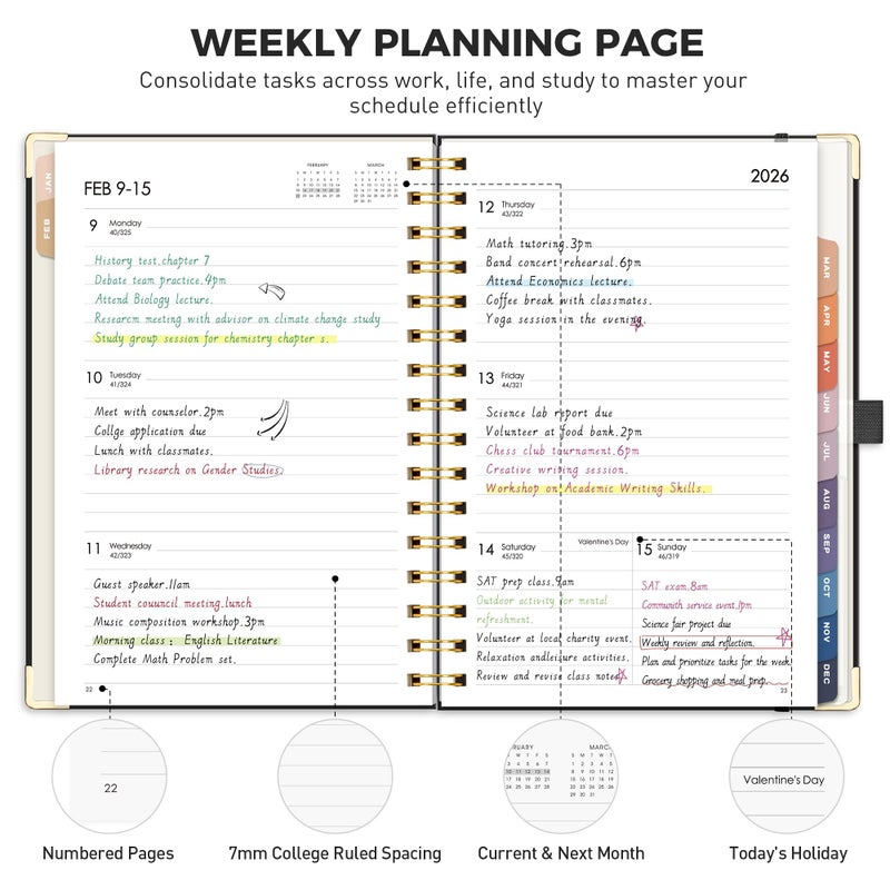 RETTACY 2026 Planner, Weekly and Monthly, Medium Size (5.7" x 8.3"), Jan - Dec 2026, Agenda, Calendar, 12 Month Tabs, Hardcover, 100 GSM Thick Paper, Spiral-bound (Black) - Image 2