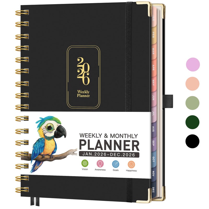 RETTACY 2026 Planner, Weekly and Monthly, Medium Size (5.7" x 8.3"), Jan - Dec 2026, Agenda, Calendar, 12 Month Tabs, Hardcover, 100 GSM Thick Paper, Spiral-bound (Black) - Image 1