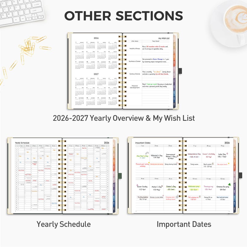 RETTACY 2026 Planner, Weekly and Monthly, Medium Size (5.7" x 8.3"), Jan - Dec 2026, Agenda, Calendar, 12 Month Tabs, Hardcover, 100 GSM Thick Paper, Spiral-bound (Black) - Image 4