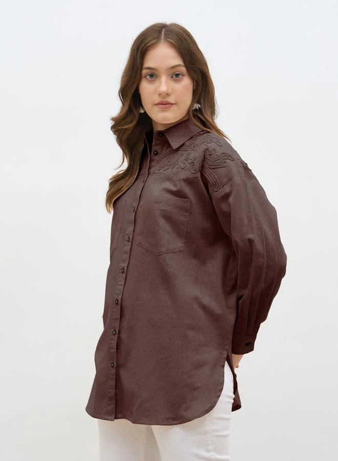 Styli  Brown Tonal Embroidery Detail Oversized Shirt for Women | Best Price UAE