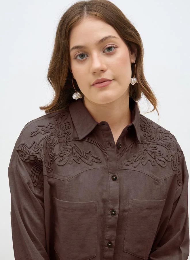 Brown Tonal Embroidery Detail Oversized Shirt