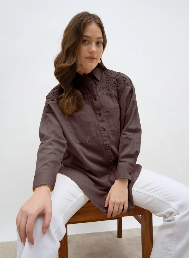 Styli  Brown Tonal Embroidery Detail Oversized Shirt for Women | Best Price UAE