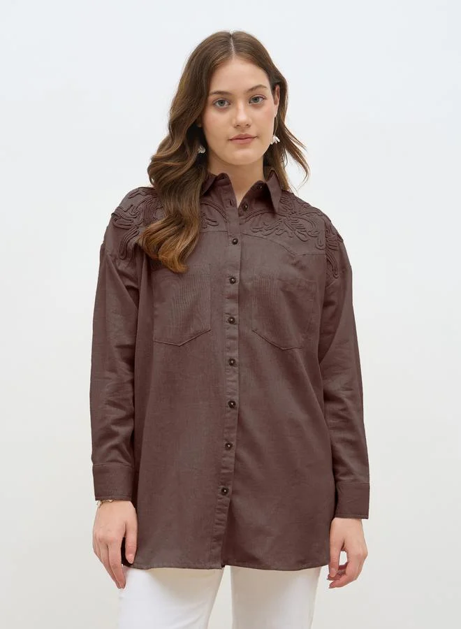 Styli  Brown Tonal Embroidery Detail Oversized Shirt for Women | Best Price UAE