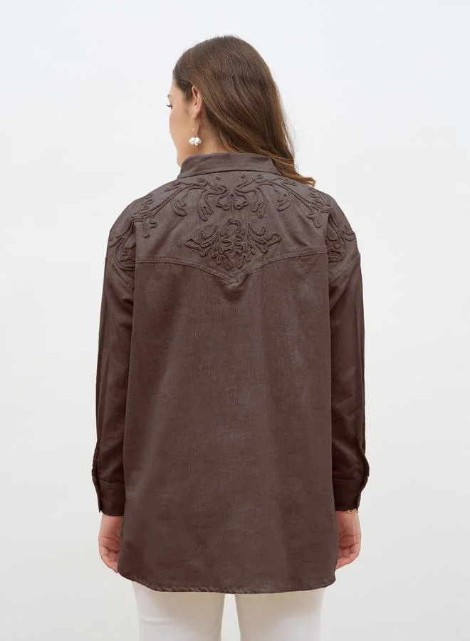 Styli  Brown Tonal Embroidery Detail Oversized Shirt for Women | Best Price UAE