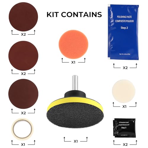 ISINFLASH Car Headlight Restoration Kit, 3 Easy Steps to Restore Sun Damaged Automotive Headlights Lens, Polish Restorer Cleaner Tool DIY Polishing, Sanding Discs, Scouring Pads for Electric Drill - Image 3