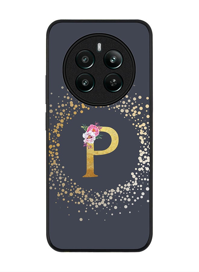 Stylizedd Rugged Black edge case for Realme 12 Plus 5G / Realme 12 4G, Slim fit Case Cover - Custom Monogram Initial Letter Floral Pattern Alphabet - P (Grey ) - Image 1