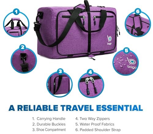 Bago Foldable Duffel Bags for Traveling Women & Men - 40L Sports Packable Duffle Bag for Travel with Shoe Compartment - Water Repellant, Heavy Duty, Lightweight Folding & Collapsible (SnowDepPurple) - Image 5