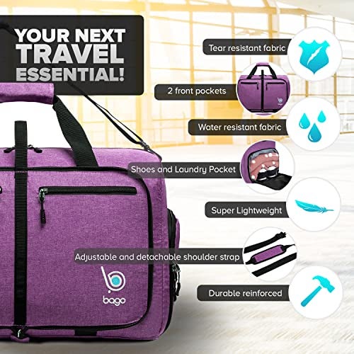 Bago Foldable Duffel Bags for Traveling Women & Men - 40L Sports Packable Duffle Bag for Travel with Shoe Compartment - Water Repellant, Heavy Duty, Lightweight Folding & Collapsible (SnowDepPurple) - Image 3