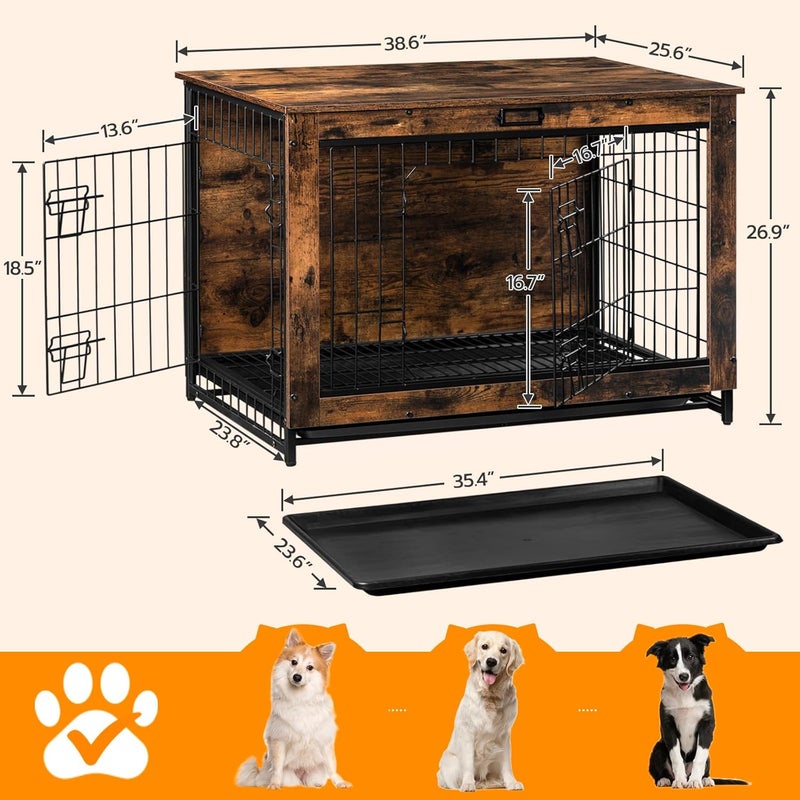 HOOBRO Dog Crate Furniture, 38.6" Large Dog Kennel Indoor, Wooden Cage with Pull-Out Tray, Double Doors Pet House Side End Table for Large/Medium/Small Dogs, Rustic Brown EBF982GW03G1 - Image 3