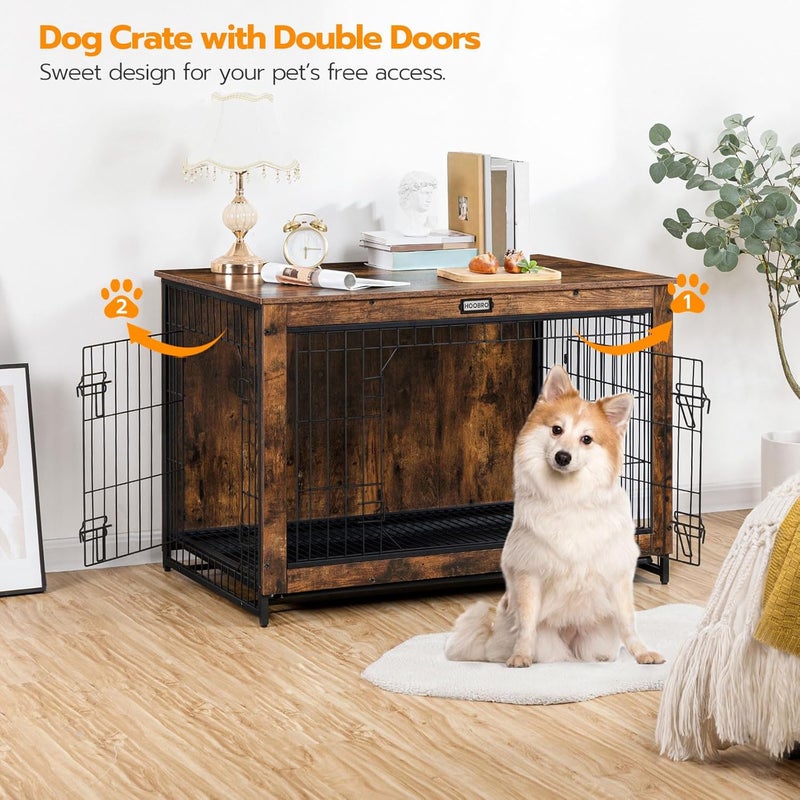 HOOBRO Dog Crate Furniture, 38.6" Large Dog Kennel Indoor, Wooden Cage with Pull-Out Tray, Double Doors Pet House Side End Table for Large/Medium/Small Dogs, Rustic Brown EBF982GW03G1 - Image 4