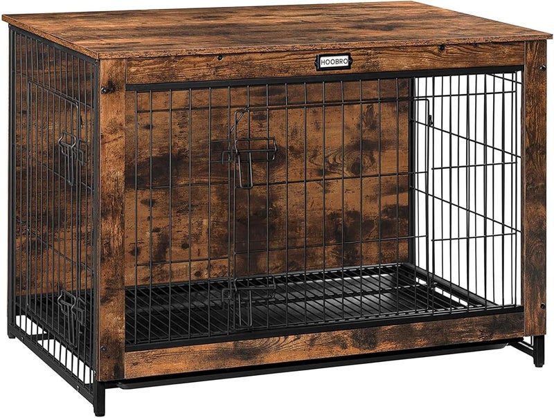 HOOBRO Dog Crate Furniture, 38.6" Large Dog Kennel Indoor, Wooden Cage with Pull-Out Tray, Double Doors Pet House Side End Table for Large/Medium/Small Dogs, Rustic Brown EBF982GW03G1 - Image 1