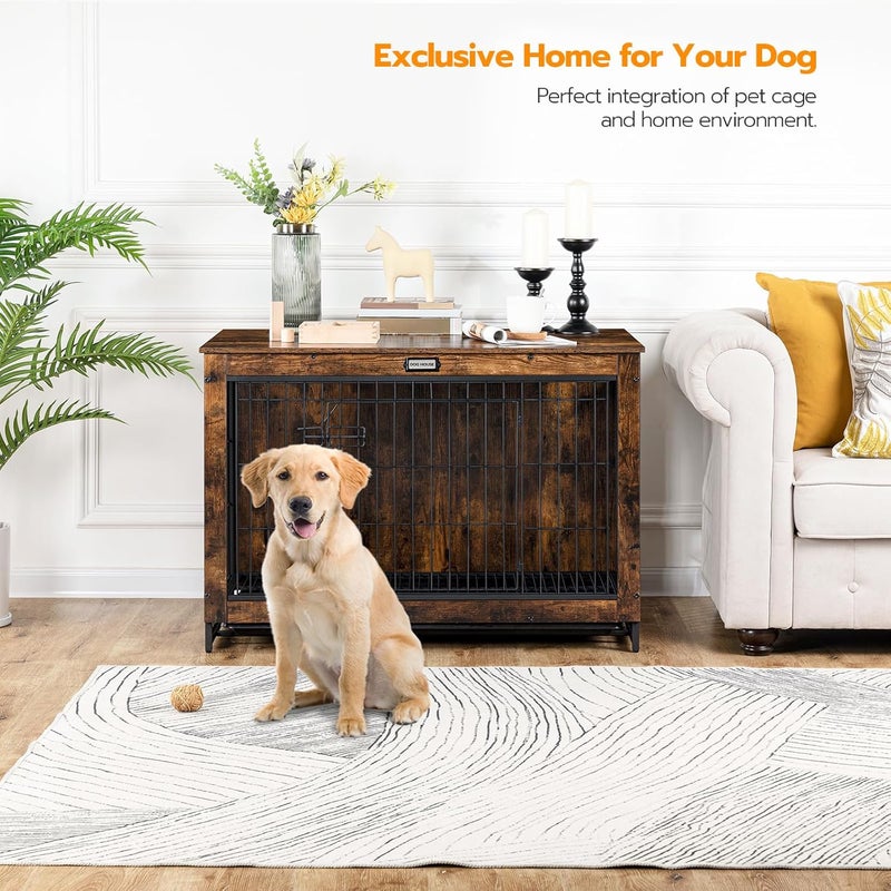 HOOBRO Dog Crate Furniture, 38.6" Large Dog Kennel Indoor, Wooden Cage with Pull-Out Tray, Double Doors Pet House Side End Table for Large/Medium/Small Dogs, Rustic Brown EBF982GW03G1 - Image 2