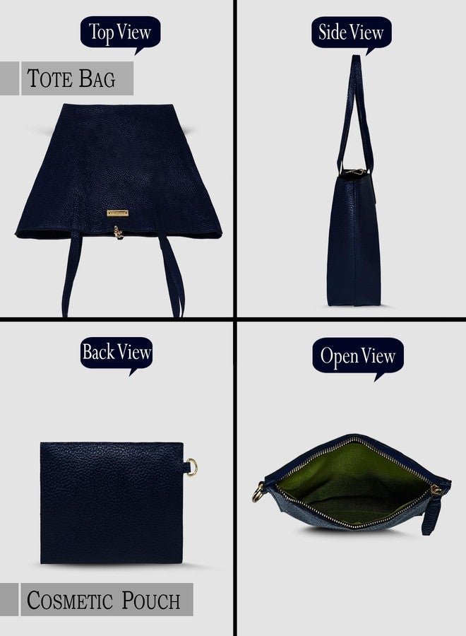 MANDAVA Women's/Ladies Top Handle PU Leather Tote Bag, Handbag with Detachable Cosmetic Pouch (Midnight Blue) - Image 2