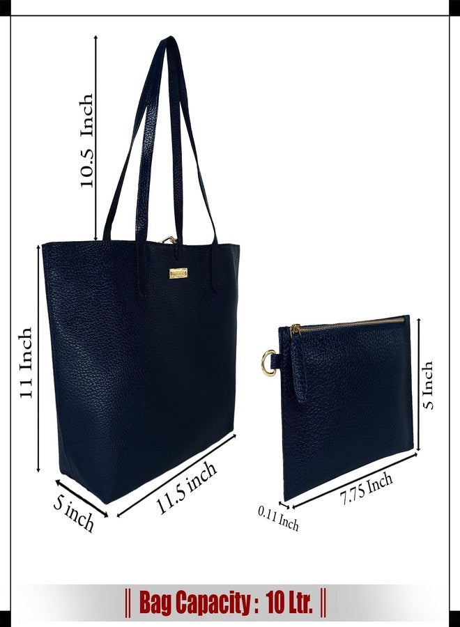 MANDAVA Women's/Ladies Top Handle PU Leather Tote Bag, Handbag with Detachable Cosmetic Pouch (Midnight Blue) - Image 4