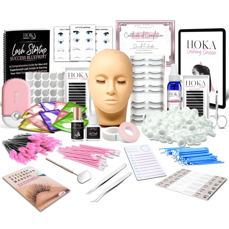 Hoka Lash Eyelash Extension Kit & Training Course and Certification, Professional Lash Extension Kit for Beginners Includes Practice Mannequin Head, Lash Trays, Glue, Tweezers, Fan & More - Image 1