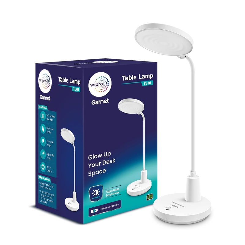 Wipro 8W Rechargable LED Table Lamp TL1 3 in 1 Color Changing Cool DayNeutralWarm White 3 Step dimming Portable Desk Lamp Touch Control Premium Study lamp USB C ChargingPack of 1 - Image 1