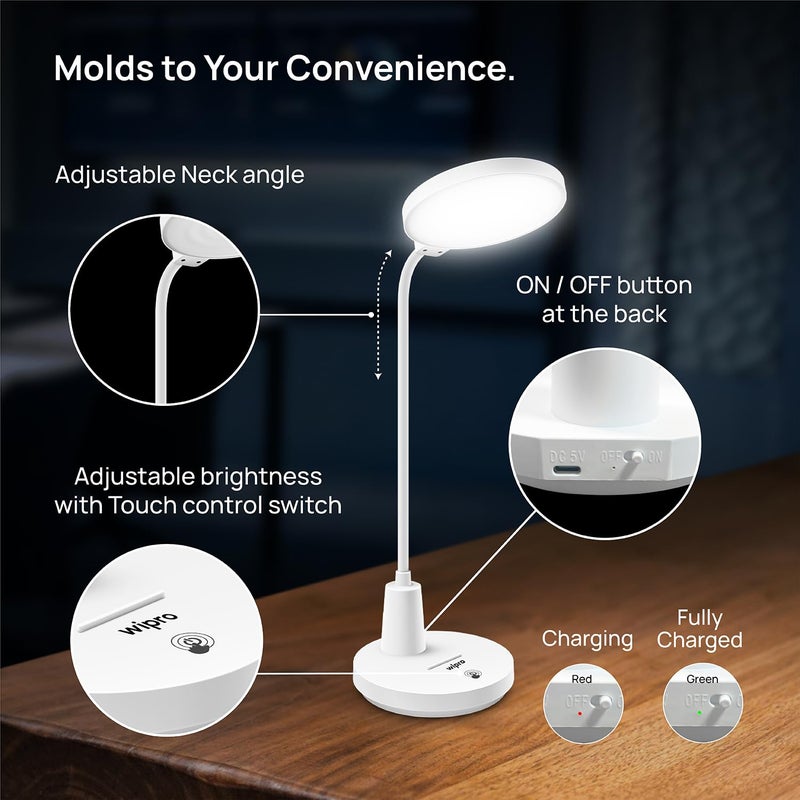 Wipro 8W Rechargable LED Table Lamp TL1 3 in 1 Color Changing Cool DayNeutralWarm White 3 Step dimming Portable Desk Lamp Touch Control Premium Study lamp USB C ChargingPack of 1 - Image 2